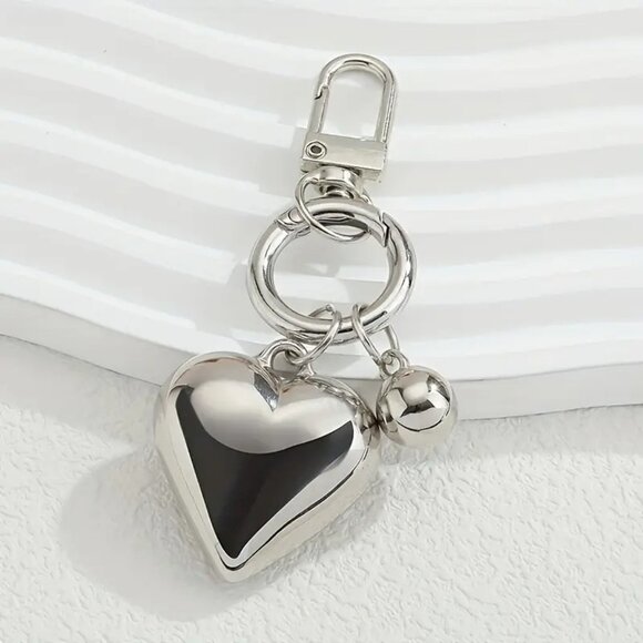Large Silver Heart Charm Keychain with Ball – 3.15" Bag Clip Purse Pendant Gift - Picture 3 of 6